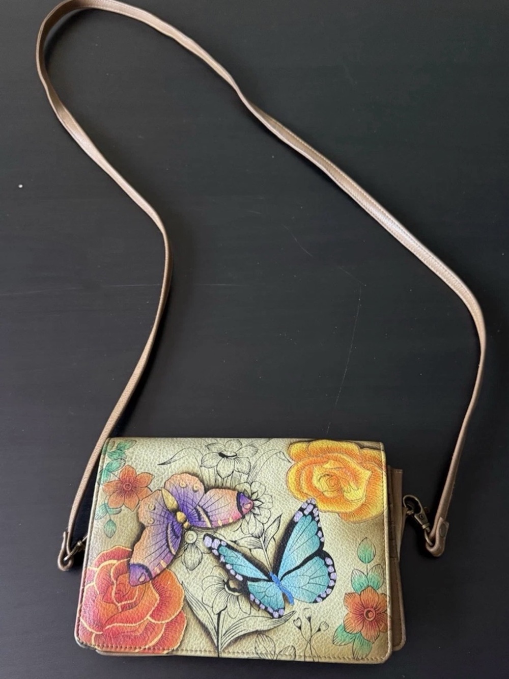 Anuschka Hand Painted Signed Crossbody Bag Clutch Leather Detachable Strap